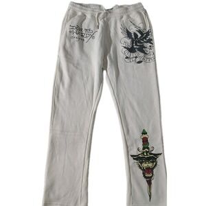 Ed Hardy Sweatpants Mens XL White Death Before Dishonor Tattoo‎ Graphic Pants